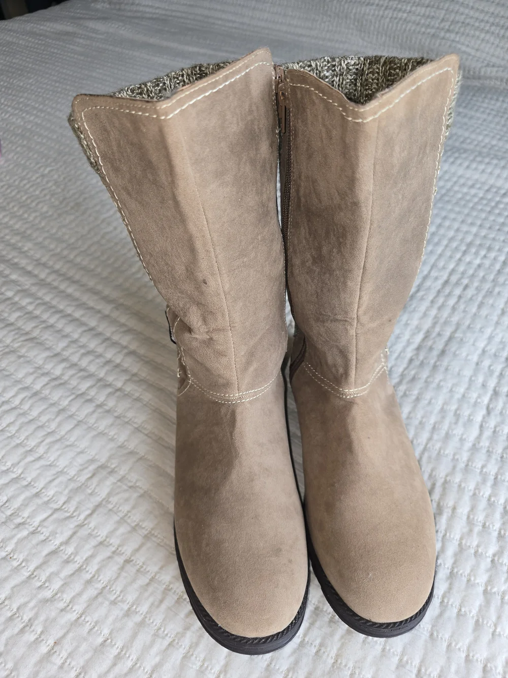 Muk Luks Taupe Suede Mid-Calf Boots with Knit Cuff